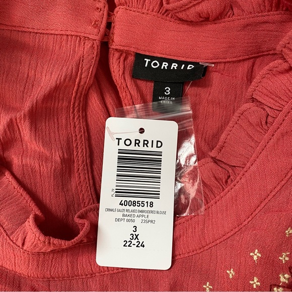 NWT Torrid Coral Crinkle Gauze Boho Relaxed Embroidered Blouse Women’s 3X - Picture 10 of 11